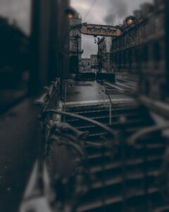 Blurry, grey-toned fine art photo of the Metropolitan metro sign near the Louvre in Paris, by George Adamides — author of "How Economy Works" and partner at WISENTRUST LTD.