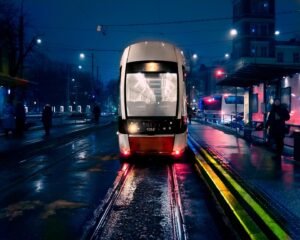 Night photograph of a red and white traffic drum at a snowy Tallinn station, with a blue-toned background and yellow street markings — taken by George Adamides, author