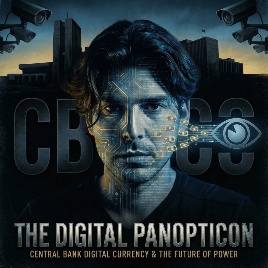 Editorial illustration of the author George Adamides with digital code and financial circuitry representing central bank digital currency and financial control.